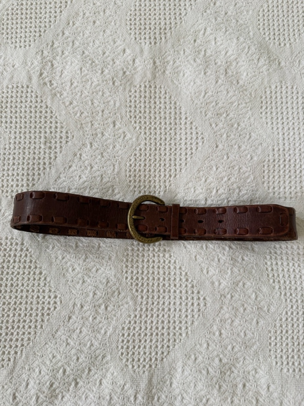 Fossil Brown Leather Belt with Antique Brass Round Buckle